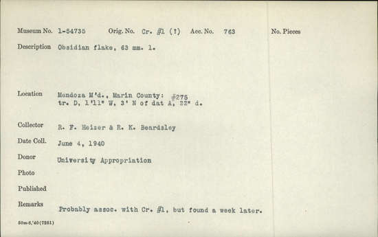 Documentation associated with Hearst Museum object titled Flake, accession number 1-54735, described as Obsidian flake Notice: Image restricted due to its potentially sensitive nature. Contact Museum to request access.