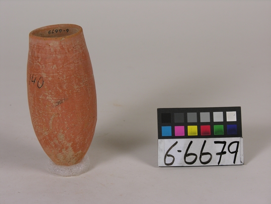 Hearst Museum object titled Beer cup, accession number 6-6679, described as Pottery: deep pointed-bottomed buff cup, black rim, chipped; least diameter 4 1/2 cm, greatest diameter 6 1/2 cm, height 14 cm.