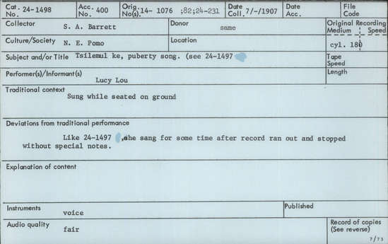 Documentation associated with Hearst Museum object titled Audio recording, accession number 24-1498, described as Puberty Song (Tsilemulke)