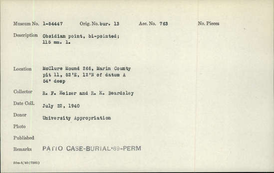 Documentation associated with Hearst Museum object titled Point, accession number 1-54447, described as Obsidian point, bi-pointed.