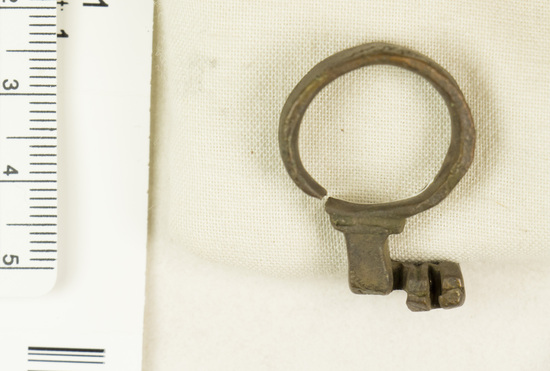 Hearst Museum object titled Key, accession number 8-5351, described as Key, bronze, ring-handle, 32 mm