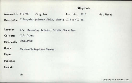 Documentation associated with Hearst Museum object titled Flake, accession number 5-3776, described as Triangular primary flake, chert; 10.8 x 4.7 cm.