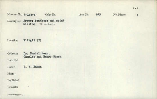 Documentation associated with Hearst Museum object titled Arrow, accession number 2-13573, described as Feathers and point missing.