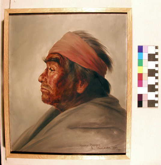 Hearst Museum object titled Painting, accession number 17-200, described as Painting of "Old Solomon" medicine man.  Fort Ross Indian.