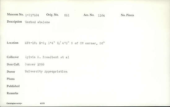 Documentation associated with Hearst Museum object titled Shell, accession number 1-217524, described as Abalone, worked.