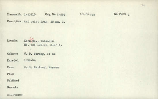 Documentation associated with Hearst Museum object titled Awl fragment, accession number 1-53210, described as Awl point.