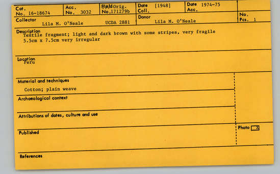 Documentation associated with Hearst Museum object titled Textile fragment, accession number 16-18674, no description available.