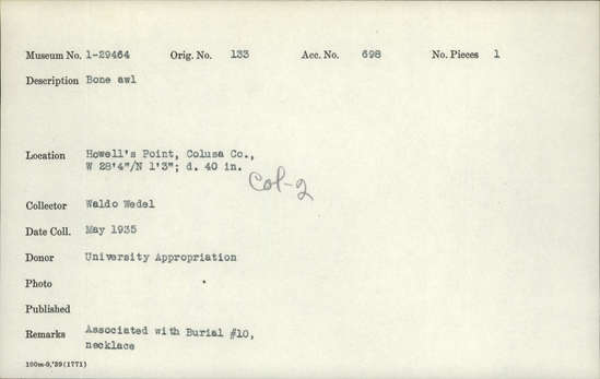 Documentation associated with Hearst Museum object titled Awl, accession number 1-29464, described as Bone