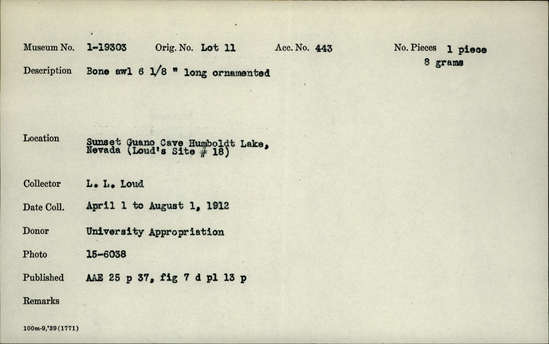 Documentation associated with Hearst Museum object titled Awl, accession number 1-19303, described as Bone.  Long, ornamented.