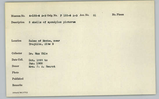 Documentation associated with Hearst Museum object titled Shell, accession number 4-122b, described as Two shells of spondylus pictorum.