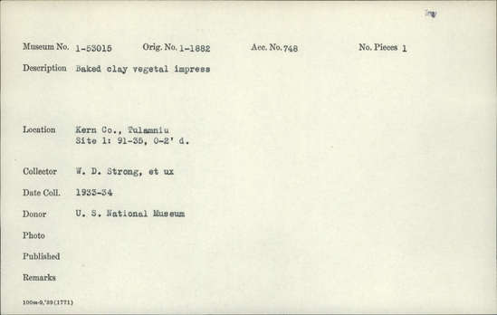 Documentation associated with Hearst Museum object titled Baked clay, accession number 1-53015, described as Vegetal impress