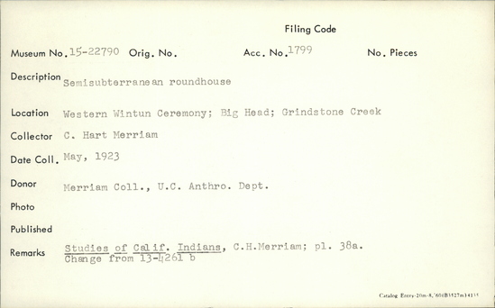 Documentation associated with Hearst Museum object titled Black-and-white negatives, accession number 15-22790, described as Semi-subterranean roundhouse; Dancers in Big Head Dance.