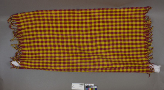 Hearst Museum object titled Cloth, accession number 3-28231, described as [ cat card DESCRIPTION:  All purpose cloth Materials: Cotton Technique:     Plain weave, square count, fringed    Colors:  Red and yellow checks Dimensions:  36 x  60 " ]