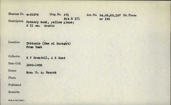 Documentation associated with Hearst Museum object titled Bowl, accession number 6-20279, described as Pottery bowl, yellow glaze; diameter 11 cm. Arabic