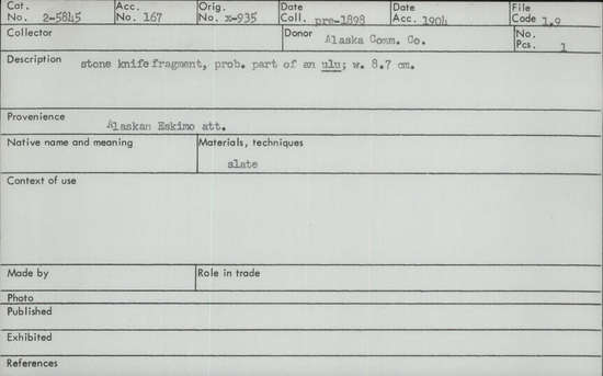 Documentation associated with Hearst Museum object titled Knife, accession number 2-5845, described as Piece of stone knife, probably ulu; slate.
