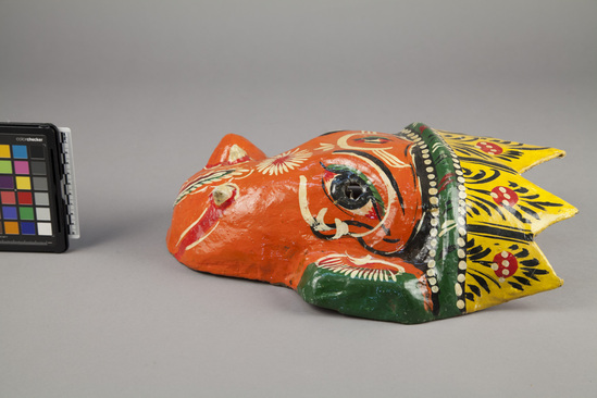 Hearst Museum object 3 of 3 titled Mask, accession number 9-11131, described as drama mask; painted papier mache; 37 cm length, 29 cm  width