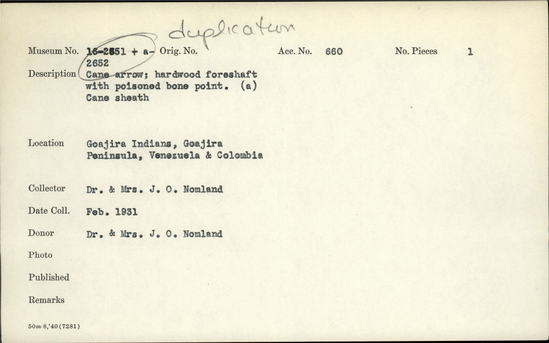 Documentation associated with Hearst Museum object titled Arrow, accession number 16-2651, described as Cane arrow; hardwood foreshaft with poisoned bone point a. cane sheath.