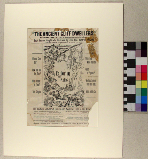 Hearst Museum object titled Drawing, accession number 17-739, described as Broadside notice of a lecture by H. Jay Smith, co-owner of the Mesa Verde Collection with C. D. Hazzard, ca. 1893. Chicago, Illinois, U. S. Paper announcement, matted.