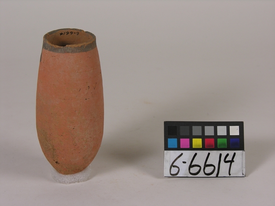 Hearst Museum object titled Beer cup, accession number 6-6614, described as Red pottery cup with a deep, pointed bottom and black band around the rim; least diameter 5cm, greatest diameter 6.5cm, height 16cm