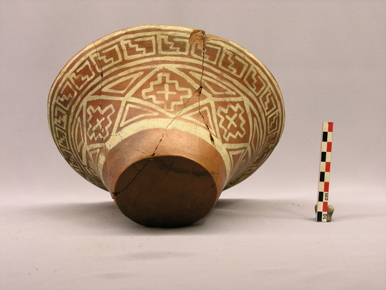 Hearst Museum object 6 of 9 titled Bowl, accession number 4-3312, described as Large flaring flat-bottomed bowl, red, white design