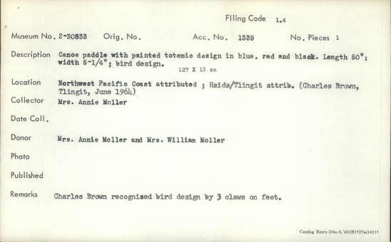 Documentation associated with Hearst Museum object titled Paddle, accession number 2-30833, described as Canoe paddle, with painted totemic design in blue, red, and black.  Bird design: Charles Brown recognized bird design by 3 claws on feet.