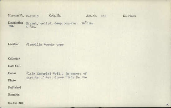 Documentation associated with Hearst Museum object titled Basket, accession number 2-18310, described as Coiled, deep concave.