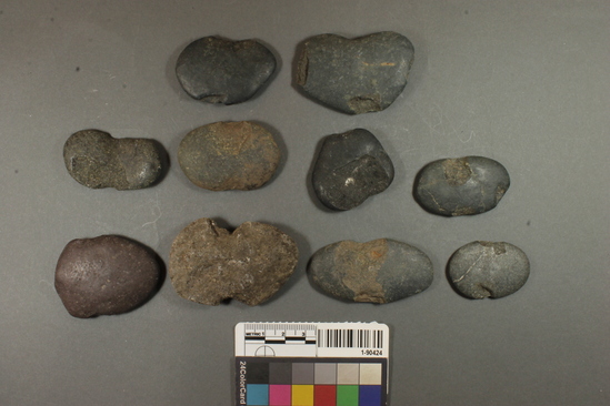 Hearst Museum object titled Sinkers, accession number 1-90424, described as Notched pebble sinkers.