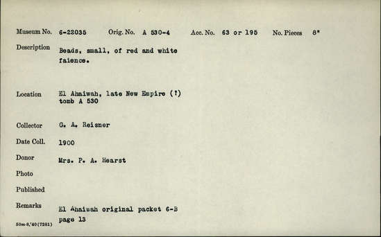 Documentation associated with Hearst Museum object titled Beads, accession number 6-22035, described as beads, small, of red and white faience