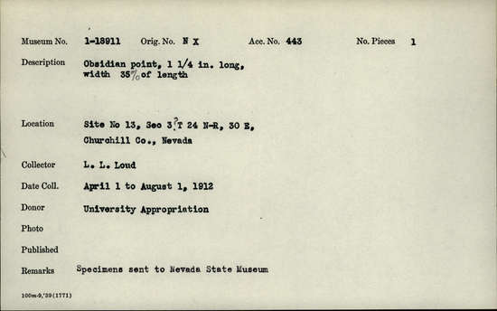 Documentation associated with Hearst Museum object titled Point, accession number 1-18911, described as Obsidian point.