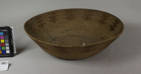 Hearst Museum object 2 of 2 titled Winnowing tray, accession number 1-70124, described as Coiled, deep tray. Tag: "Mission Type". Broad low bowl, probably a winnower; appears to have been used.  Materials include a deergrass bundle foundation; tan and orange juncus wefts; and sumac wefts used on the base.  The design is thirteen sets of three downward facing triangles formed by orange juncus. The workface is on the inside.  The wefts are bound under and the work direction is to the right.  The basket has a plain wrapped rim with three inches or so of the plain wrapped rim missing.  Basket is stained, including blue and yellow stains.