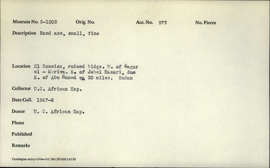 Documentation associated with Hearst Museum object titled Handaxe, accession number 5-1009, described as Hand axe, small, fine