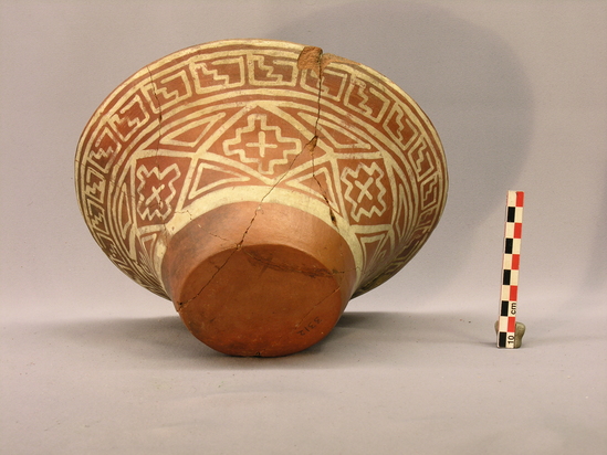 Hearst Museum object 3 of 9 titled Bowl, accession number 4-3312, described as Large flaring flat-bottomed bowl, red, white design