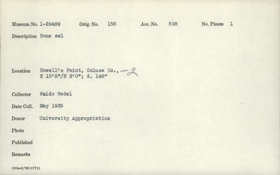 Documentation associated with Hearst Museum object titled Awl, accession number 1-29489, described as Bone awl.