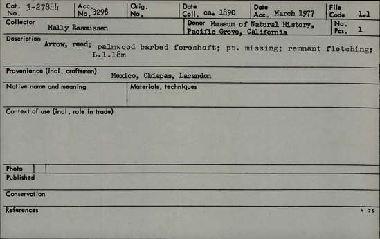 Documentation associated with Hearst Museum object titled Arrow, accession number 3-27844, described as Arrow: reed; palmwood barbed foreshaft; point missing; fletched
