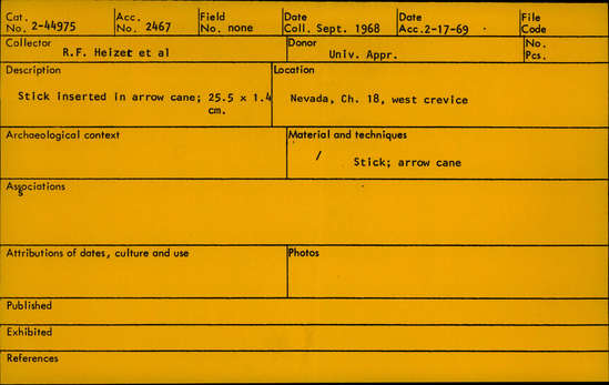 Documentation associated with Hearst Museum object titled Stick and arrow, accession number 2-44975, described as Stick inserted in arrow cane.