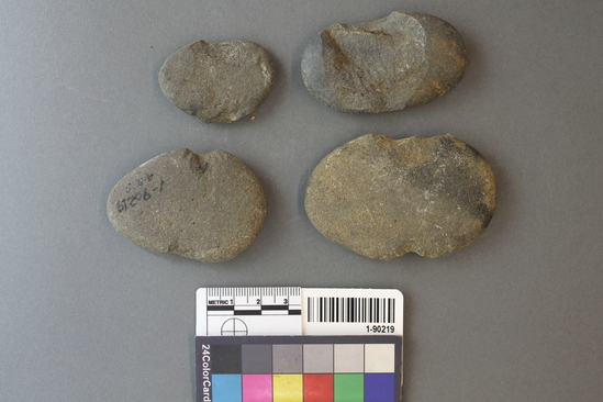 Hearst Museum object titled Sinkers, accession number 1-90219, described as Notched, net, below historic level