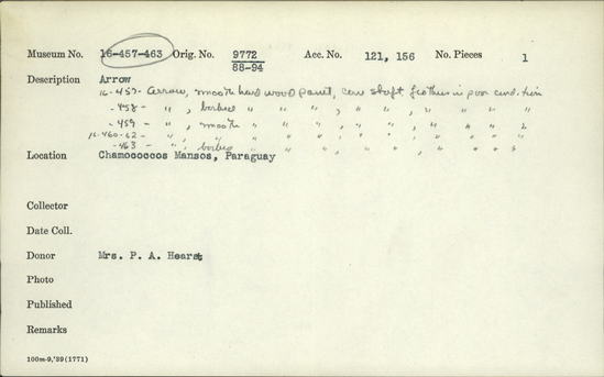 Documentation associated with Hearst Museum object titled Arrow, accession number 16-459, described as Arrow, smooth hardwood point, cane shaft, feathers in poor condition.