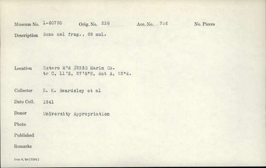 Documentation associated with Hearst Museum object titled Awl fragment, accession number 1-60720, described as Bone.