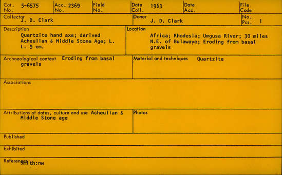 Documentation associated with Hearst Museum object titled Handaxe, accession number 5-6575, described as Quartzite hand axe; derived Acheulian & Middle Stone Age; L. 9 cm.