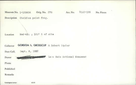Documentation associated with Hearst Museum object titled Obsidian point fragment, accession number 1-139654, described as Obsidian point fragment