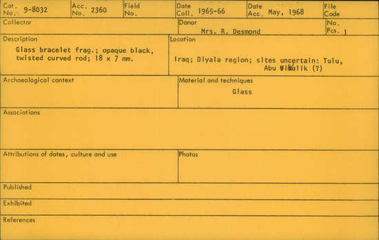 Documentation associated with Hearst Museum object titled Bracelet fragment, accession number 9-8032, described as Glass bracelet frag.; opaque black, twisted curved rod; 18 x 7 mm.