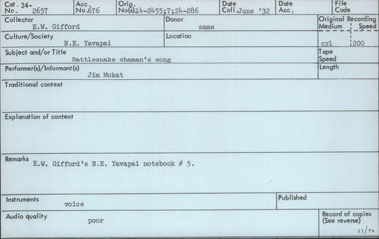 Documentation associated with Hearst Museum object titled Audio recording, accession number 24-2657, described as Rattlesnake shaman's song