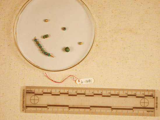 Hearst Museum object titled Beads, accession number 6-13081, described as beads: two blue spherical on original string, five blue spherical, one carnelian