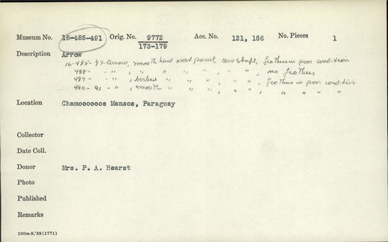 Documentation associated with Hearst Museum object titled Arrow, accession number 16-486, described as Arrow, smooth hardwood point, cane shaft, feathers in poor condition