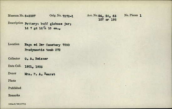 Documentation associated with Hearst Museum object titled Jar, accession number 6-3387, described as pottery: buff globose jar ld 7 cm, gd 13.5 cm, height 15 cm