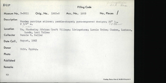 Documentation associated with Hearst Museum object titled Stirrer, accession number 5-2611, described as stirring paddle