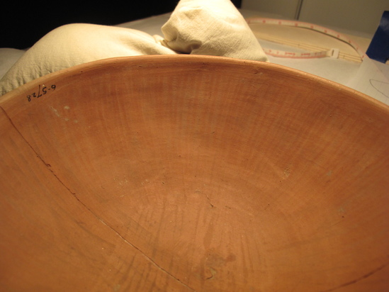 Hearst Museum object 25 of 66 titled Broken bowl, accession number 6-5728, described as Pottery: smooth pinkish bowl, broken burnished lines inside and out.  Diameter 20cm, height 6cm.