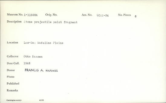 Documentation associated with Hearst Museum object titled Point fragment, accession number 1-115684, described as Stone projectile