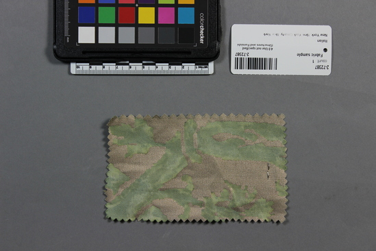 Hearst Museum object 2 of 2 titled Fabric sample, accession number 2-72387, described as 100% long staple cotton sample, no. 5322, Farnese design, Majolica green and silver color, Fortuny Inc.