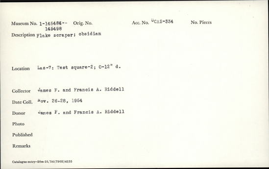 Documentation associated with Hearst Museum object titled Flake scraper, accession number 1-145494, described as Flake scraper, obsidian.